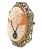 14k Gold Shell Cameo Pin Pendant Art Deco Filigree Frame with Diamond (#J6888)