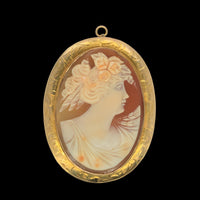 10k Gold Shell Cameo Pin Pendant Large Size 2" Hand Engraved Frame (#J6887)
