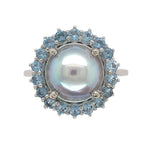14k White Gold 9mm Blue Akoya Pearl and Aquamarine Ring Size 7 Jewelry (#J7067)