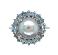 14k White Gold 9mm Blue Akoya Pearl and Aquamarine Ring Size 7 Jewelry (#J7067)