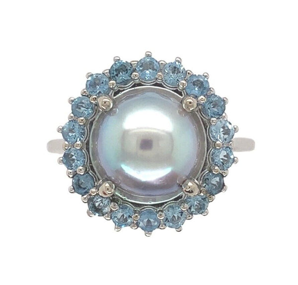 14k White Gold 9mm Blue Akoya Pearl and Aquamarine Ring Size 7 Jewelry (#J7067)