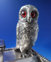 Silverplate Double Inkwell with Owls Glass Eyes 6 1/4" x 4 3/4" c.1910 (#5749)