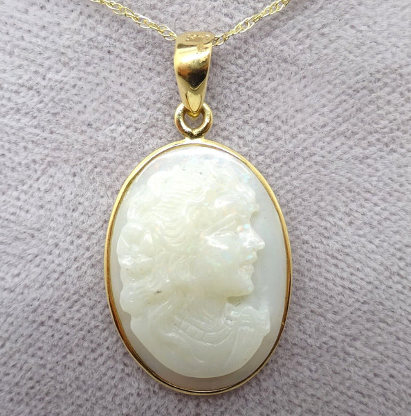 14k Yellow Gold Carved Genuine Natural Opal Cameo Pendant (#J3796)