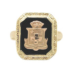 14k Yellow Gold Floral Filigree Genuine Natural Black Onyx Ring w/Emblem #J6777