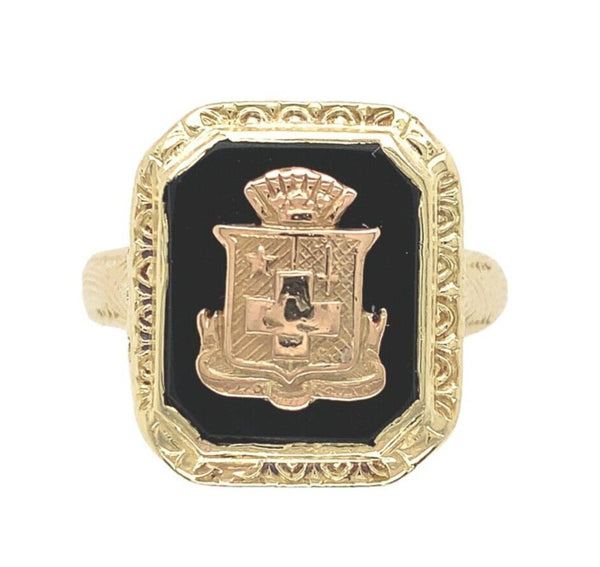 14k Yellow Gold Floral Filigree Genuine Natural Black Onyx Ring w/Emblem #J6777