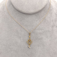 10k Gold Diamond Lavaliere Pendant with Pearl Drop and 14k Gold Chain (#J6677)