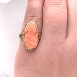 Victorian Genuine Natural Coral Cameo 14K Yellow Gold Ring Size 5.75 (#J5976)