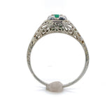 Art Deco 14k White Gold Filigree Ring with .18ct Genuine Natural Emerald #J6408