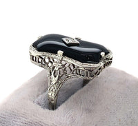 14k White Gold Custom Cut Genuine Natural Black Onyx Filigree Ring (#J5822)