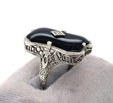 14k White Gold Custom Cut Genuine Natural Black Onyx Filigree Ring (#J5822)