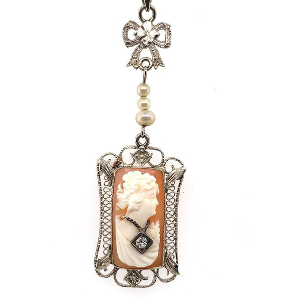 14k White Gold Art Deco Cameo Filigree Pendant Jewelry (#J5391)