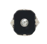Art Deco 10k Genuine Natural Black Onyx and Diamond Filigree Ring 6.5 (#J7082)