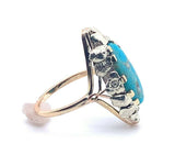 14k Gold Arts and Crafts Genuine Natural Turquoise Ring Applied Leaves (#J5214)