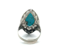 14k White Gold Art Deco Genuine Natural Turquoise Filigree Ring (#J5217)