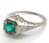 18k White Gold Filigree Art Deco .39ct Genuine Natural Emerald Ring (#J7199)