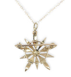 Victorian 14k Yellow Gold Starburst Brooch Pin with Seed Pearls and Chain #J6737
