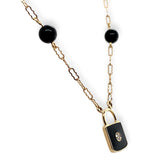 14k Gold Necklace w/Genuine Diamond Black Enamel Lock Pendant and Beads (#J7571)