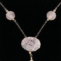 14k Yellow Gold Deco Carved Genuine Natural Rose Quartz Necklace (#J5926)