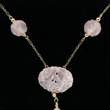 14k Yellow Gold Deco Carved Genuine Natural Rose Quartz Necklace (#J5926)