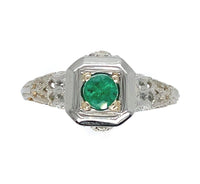 18k White Gold Deco Filigree .21ct Genuine Natural Emerald Ring (#J6332)