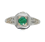 18k White Gold Deco Filigree .21ct Genuine Natural Emerald Ring (#J6332)