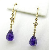14k Gold 6.26 Carat TW Briolette Genuine Amethyst Diamond Drop Earrings (#J4478)
