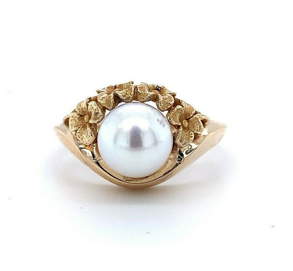 14k Yellow Gold 7mm Akoya Pearl Flower Ring (#J4976)