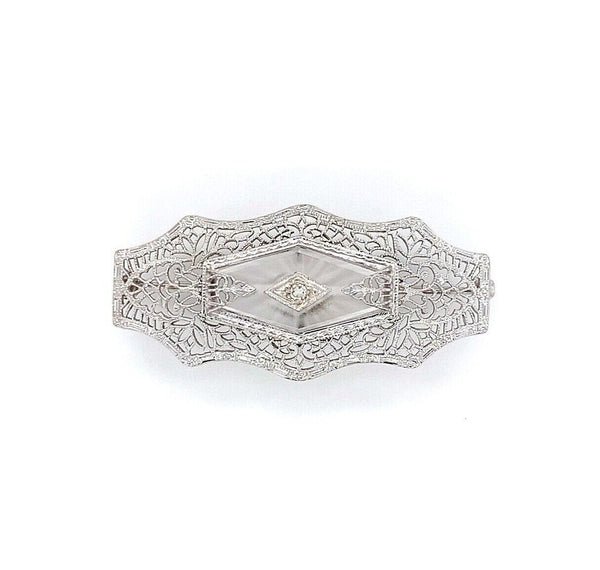 10k White Gold Genuine Natural Rock Crystal Quartz Diamond Filigree Pin (#J5597)