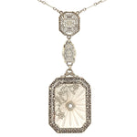 14k White Gold Genuine Natural Rock Crystal Quartz Deco Filigree Necklace #J6173