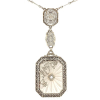 14k White Gold Genuine Natural Rock Crystal Quartz Deco Filigree Necklace #J6173