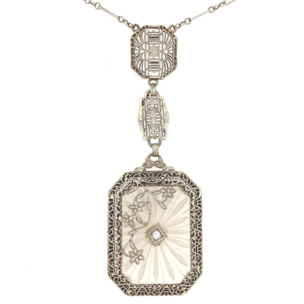 14k White Gold Genuine Natural Rock Crystal Quartz Deco Filigree Necklace #J6173
