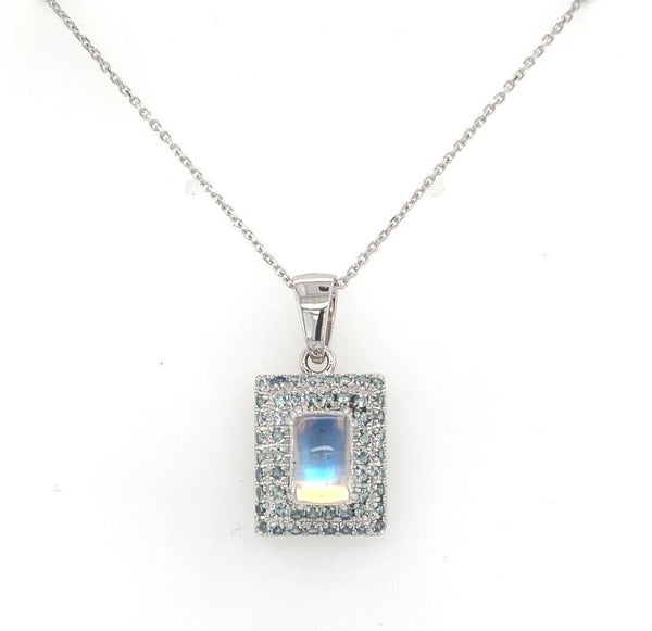 14k White Gold Rainbow Genuine Natural Moonstone Teal Sapphire Pendant (#J6260)
