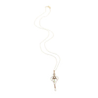 10k Gold Diamond Lavaliere Pendant w/Enamel Leaves Pearl Drop 14k Chain (#J6972)