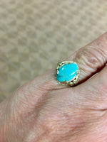 10k Yellow Gold Vintage Genuine Natural Turquoise Ring Applied Flowers (#J5213)