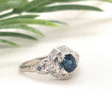 Art Deco Platinum 1.04 Carat Genuine Sapphire and Diamond Filigree Ring (#J7179)