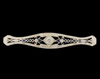 14k FIligree Diamond Bar Pin w/Platinum Synthetic Lab-Created Sapphires (#J6956)