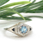 18k White Gold Filigree Deco .34ct Genuine Natural Aquamarine Ring 5 3/4 #J7559