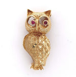 14k Yellow Gold Owl Pin with Genuine Natural Ruby Eyes 1" x 1/2" (#J6014)