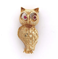 14k Yellow Gold Owl Pin with Genuine Natural Ruby Eyes 1" x 1/2" (#J6014)