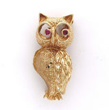 14k Yellow Gold Owl Pin with Genuine Natural Ruby Eyes 1" x 1/2" (#J6014)