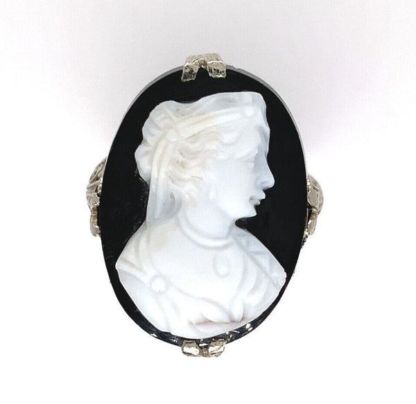 18k White Gold Art Deco Filigree Genuine Natural Stone Cameo Ring (#J6214)