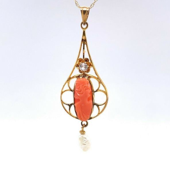 10k Yellow Gold Coral Cameo Lavaliere Pendant (#J5461)
