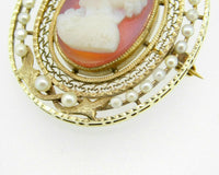 14k Yellow Gold Victorian Stone Cameo and Pearl Pin Pendant (#J5011)