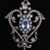 14k Yellow Gold and Silver Top Victorian Aquamarine Lavaliere Pendant (#J5702)