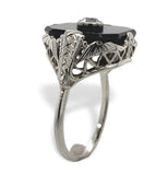 Art Deco 10k Gold Genuine Natural Black Onyx and Diamond Filigree Ring (#J7082)