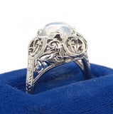 18k White Gold Hand Pierced Filigree Genuine Natural Moonstone Ring (#J5572)