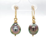 14k Yellow Gold 10mm Tahitian Black Pearl Dangle Earrings Jewelry (#J6119)