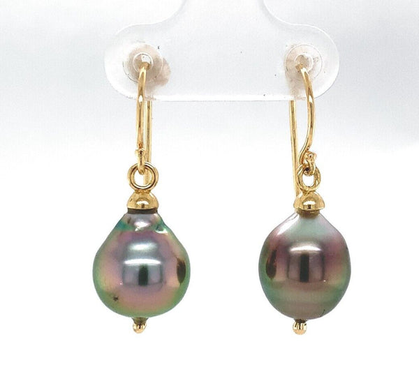 14k Yellow Gold 10mm Tahitian Black Pearl Dangle Earrings Jewelry (#J6119)
