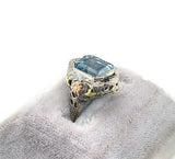 10k Tri-Color Gold 3.28ct Genuine Natural Aquamarine Filigree Ring (#J5336)