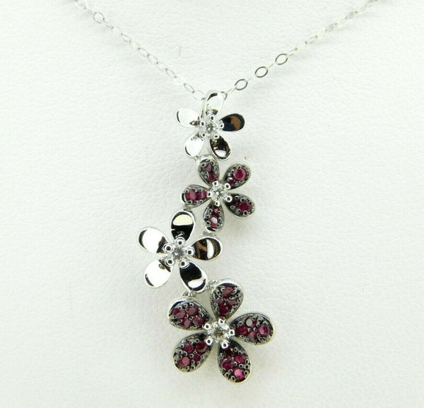 14k White Gold Genuine Natural Ruby and Diamond Flower Pendant (#J4325)